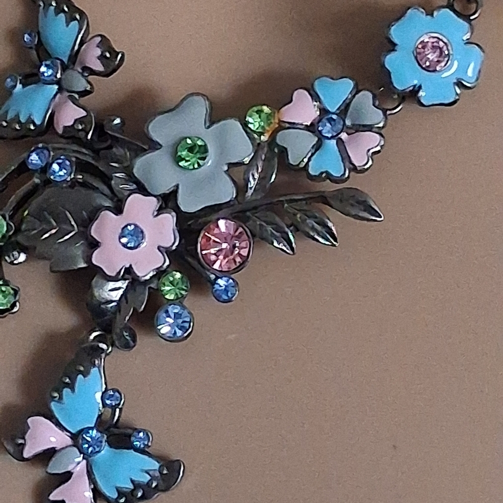 Silvertone Floral Butterfly Necklace with Blue and Pink Accents - Picture 4 of 10